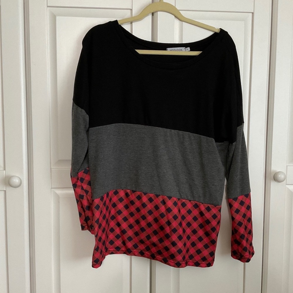 MISSLOOK Womens Colorblock Buffalo Plaid Long Sleeve Top Black Grey Red Small